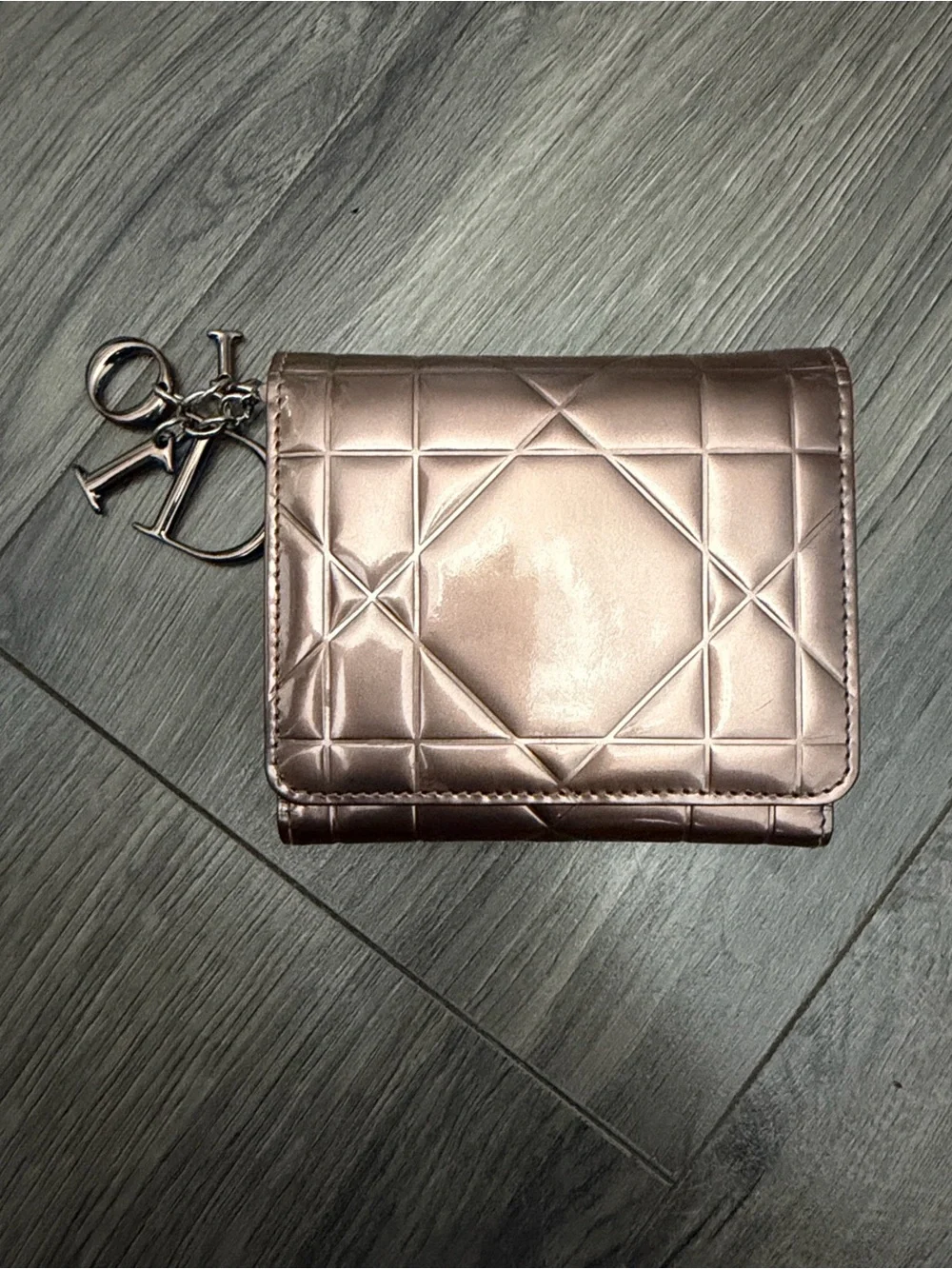 Dior Metallic Rose Gold Quilted Small Wallet with Dior Charms